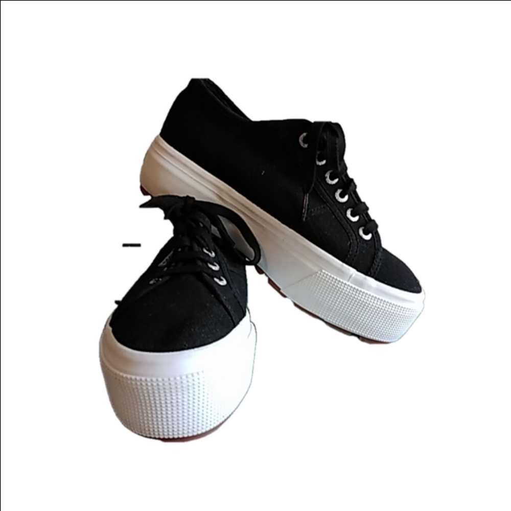 Superga Black Canvas Sneakers with White Platform